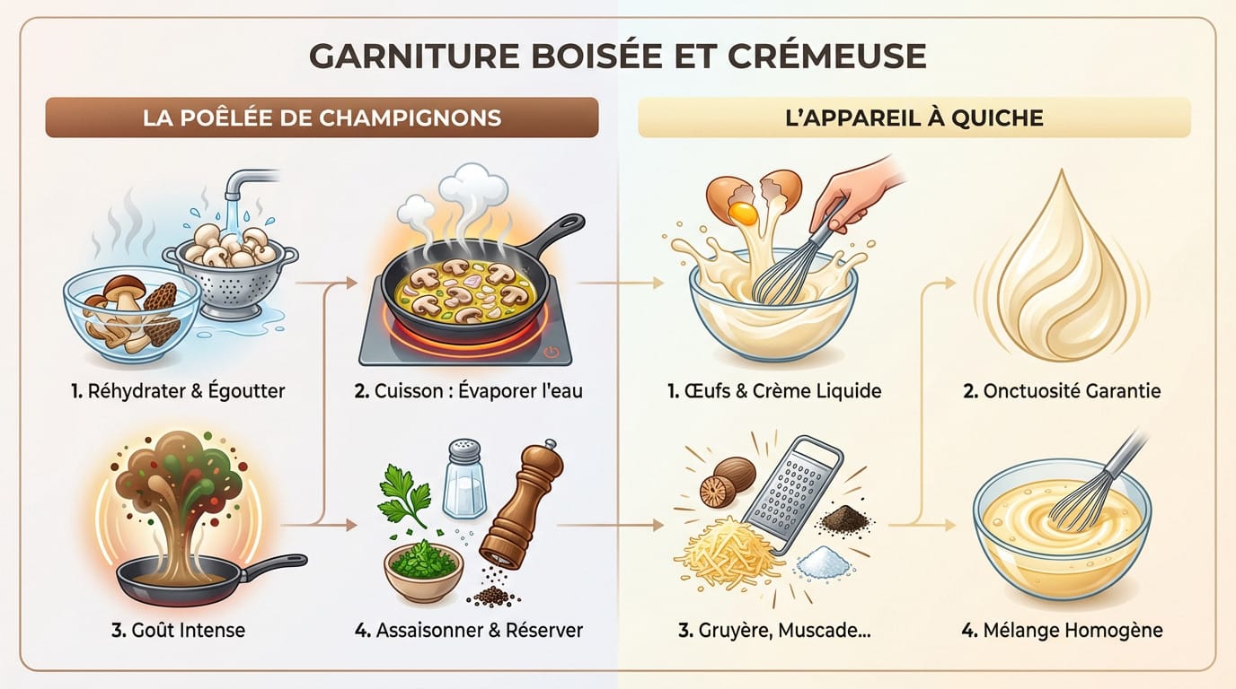 Préparation de la garniture aux champignons et appareil à crème pour la tarte rustique
