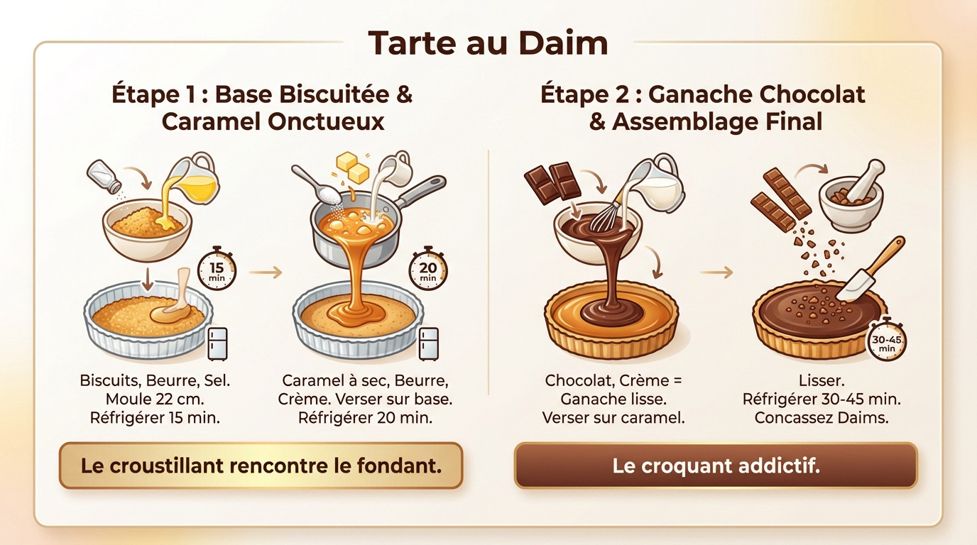 Infographie résumant les étapes de la recette de la tarte au Daim maison