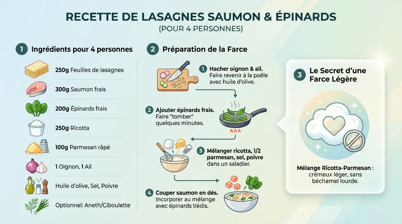 Préparation des lasagnes légères au saumon et épinards sans béchamel