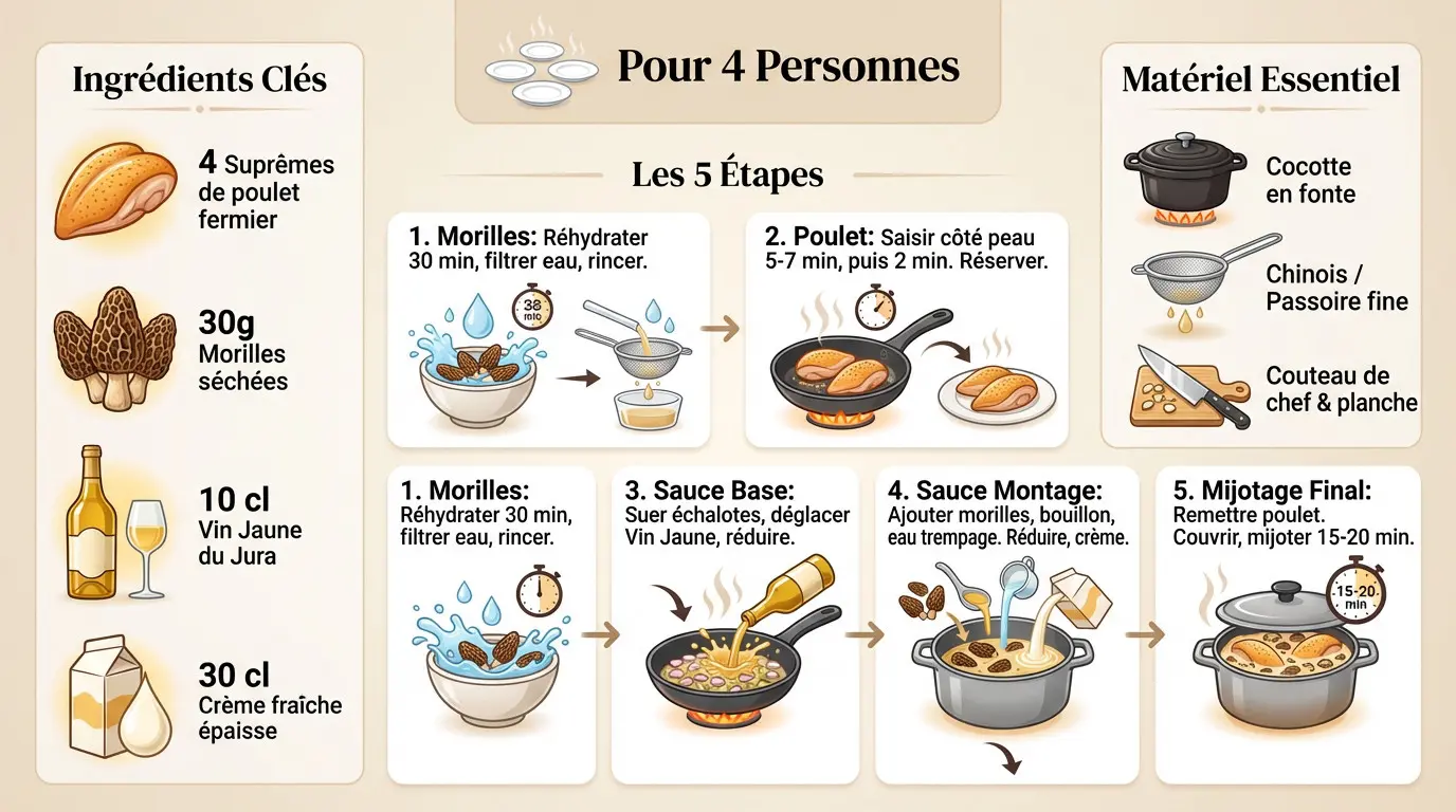 Suprêmes de poulet aux morilles et sauce crémeuse au vin jaune dans une cocotte