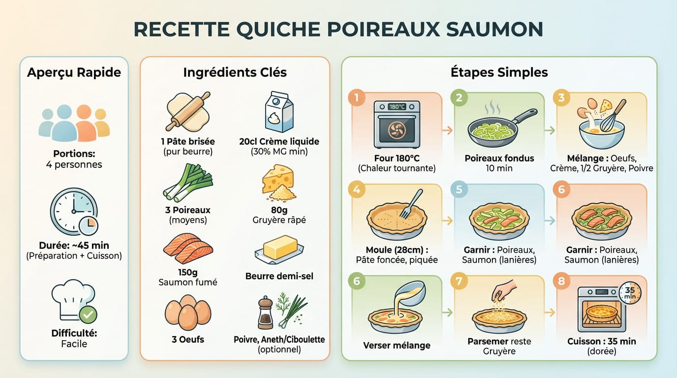 Quiche aux poireaux et saumon fumé dorée sortant du four