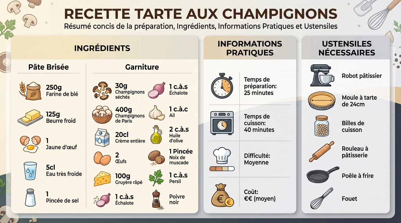 Ingrédients et préparation d'une tarte aux champignons rustique sur table en bois
