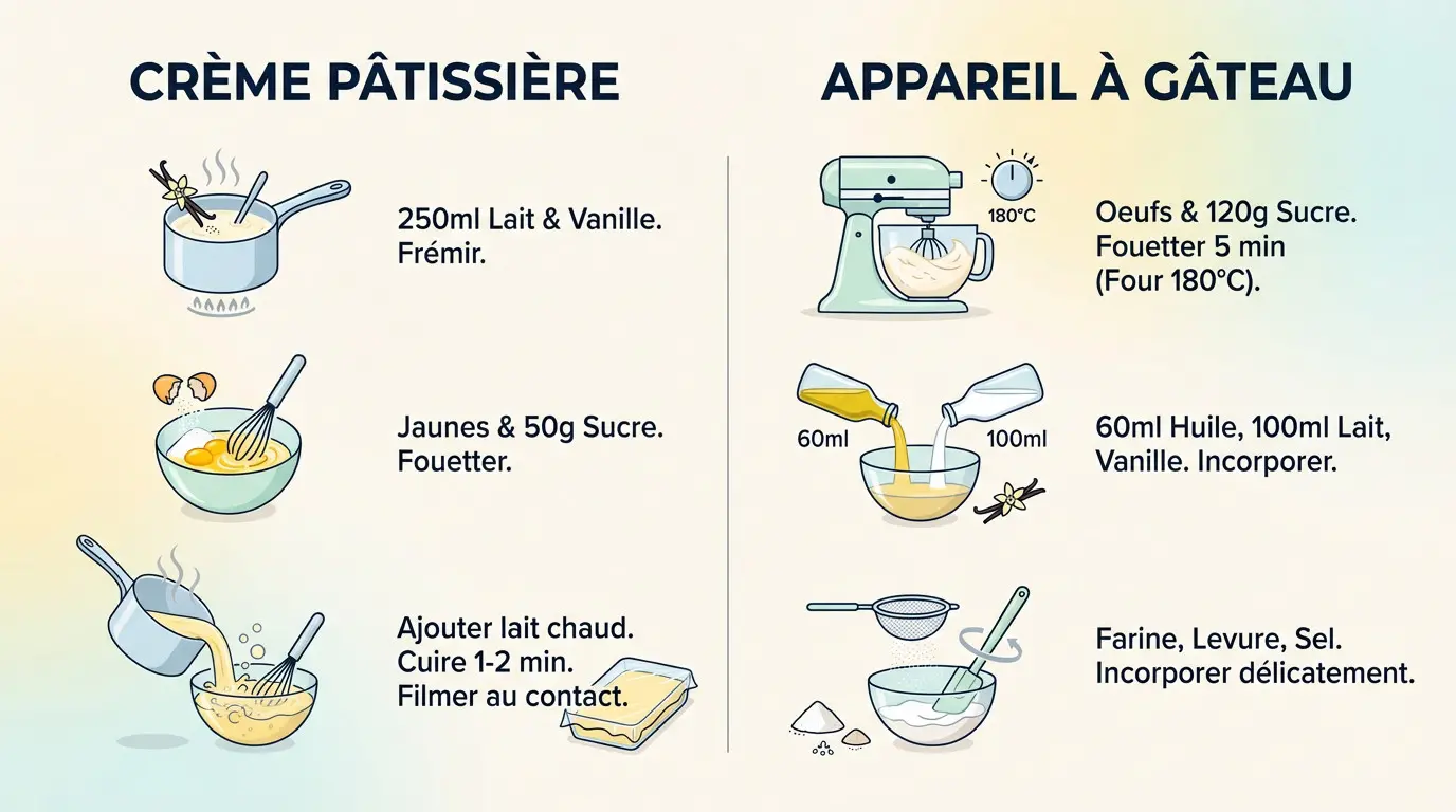 Préparation des ingrédients pour la Torta Nua : œufs, farine et lait sur un plan de travail
