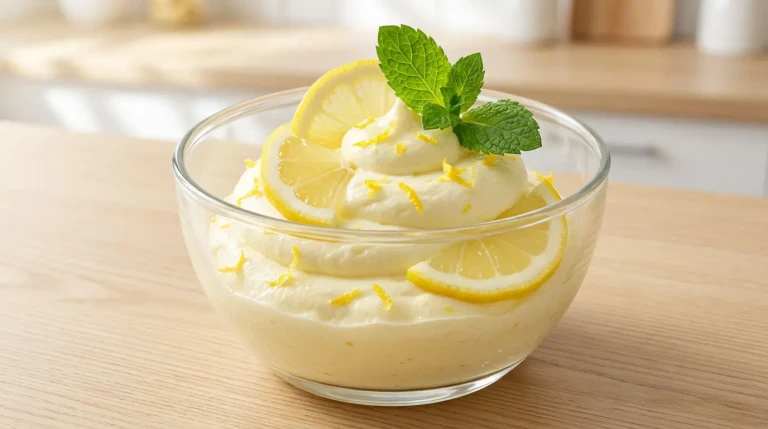 Mousse au citron garnie de tranches et menthe fraîche