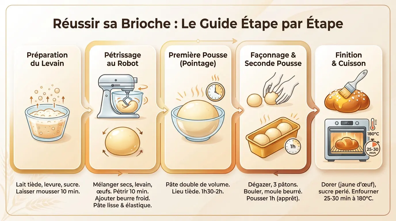 Pâte à brioche levée dans un bol et brioche tressée dorée à la sortie du four
