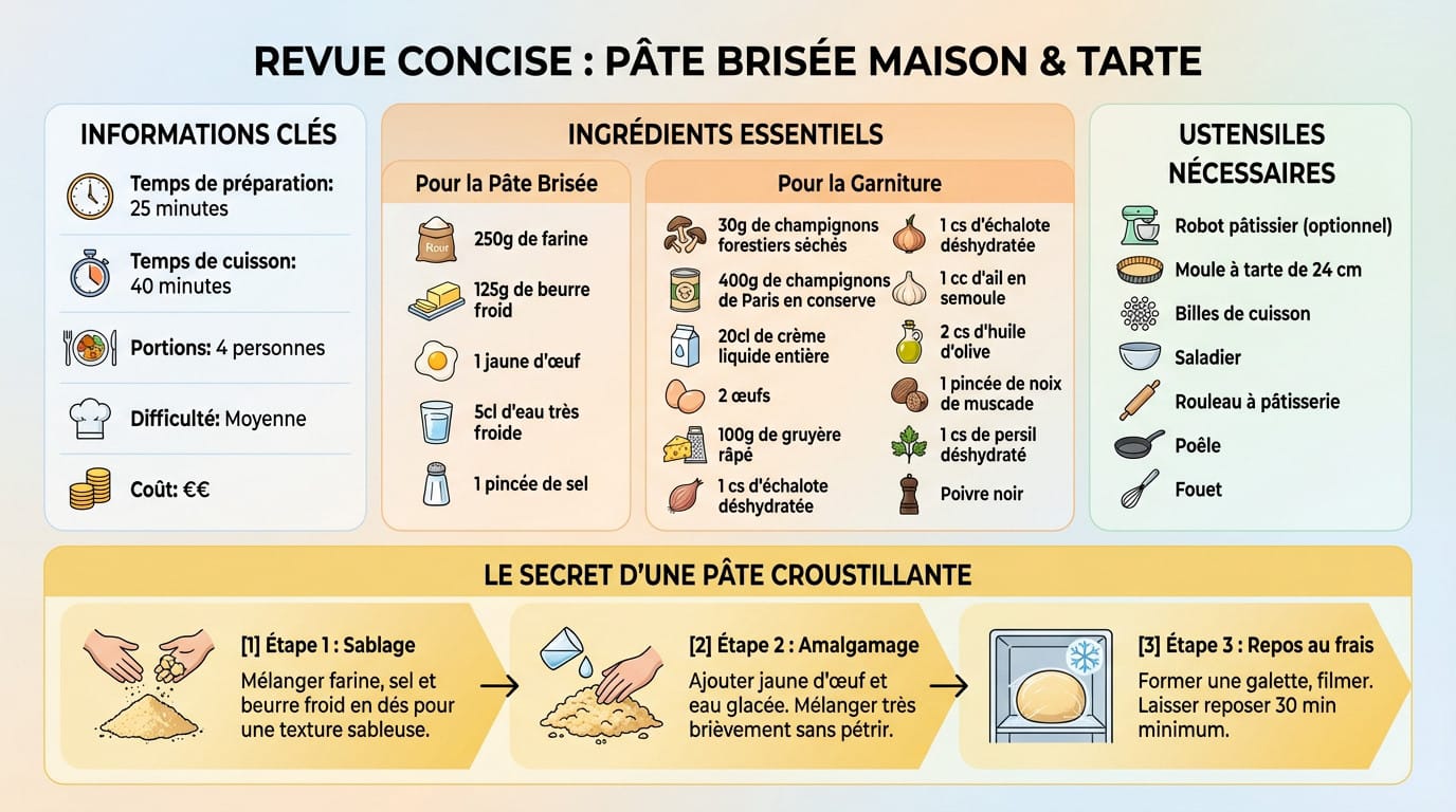 Tarte aux champignons rustique sur pâte brisée maison croustillante