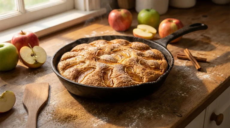 Gâteau aux pommes doré dans poêle en fonte