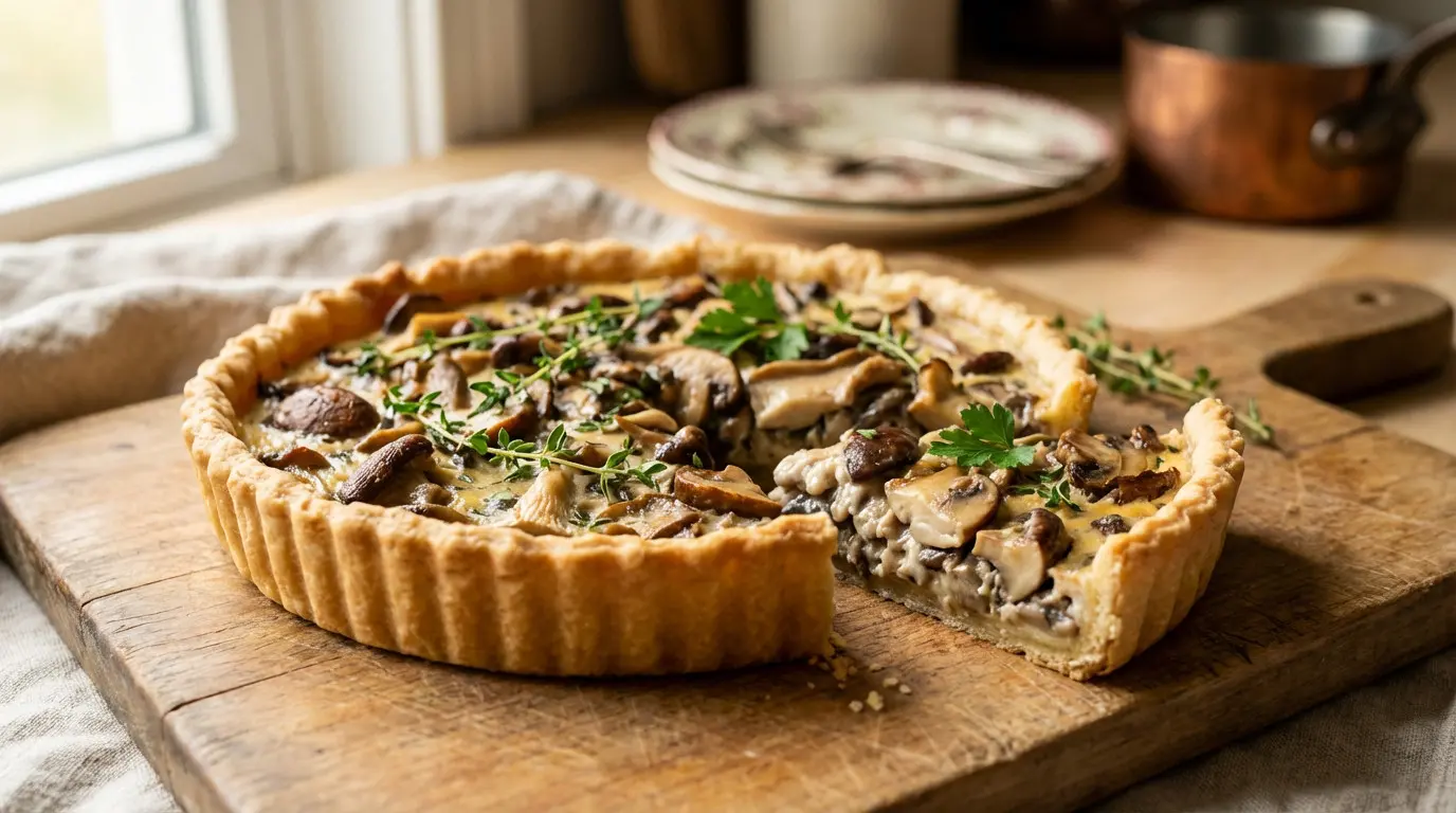 Tarte aux champignons sur planche en bois