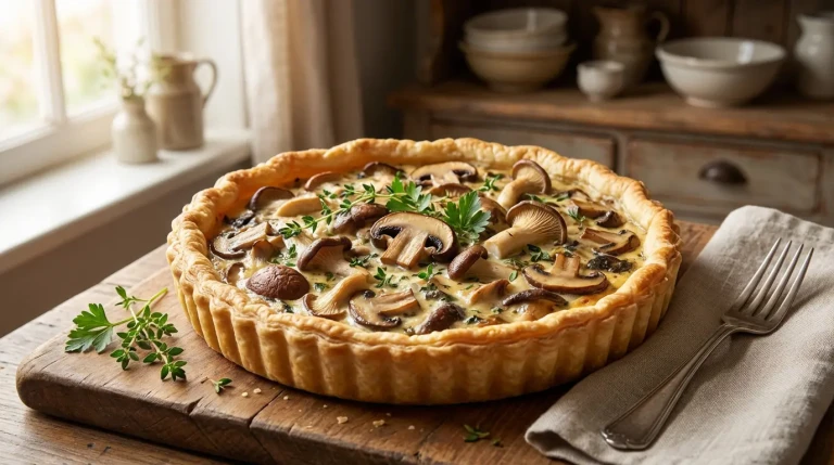 Tarte salée aux champignons sur table en bois