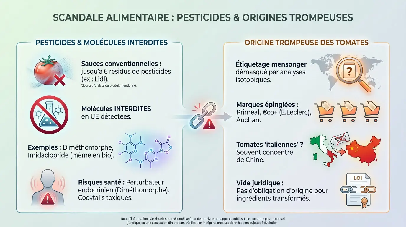 Sauces tomates industrielles révélant des pesticides et origines trompeuses