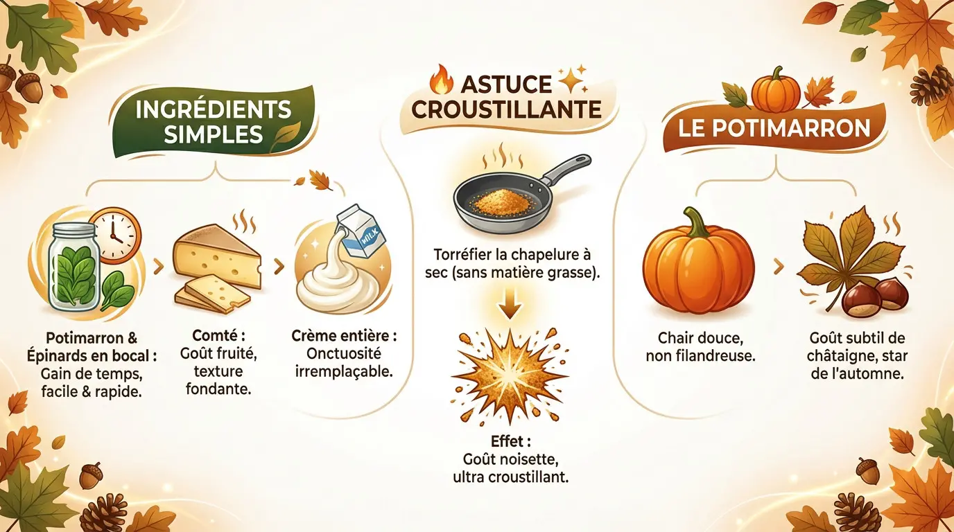 Ingrédients préparés pour un gratin de potimarron et épinards avec chapelure torréfiée