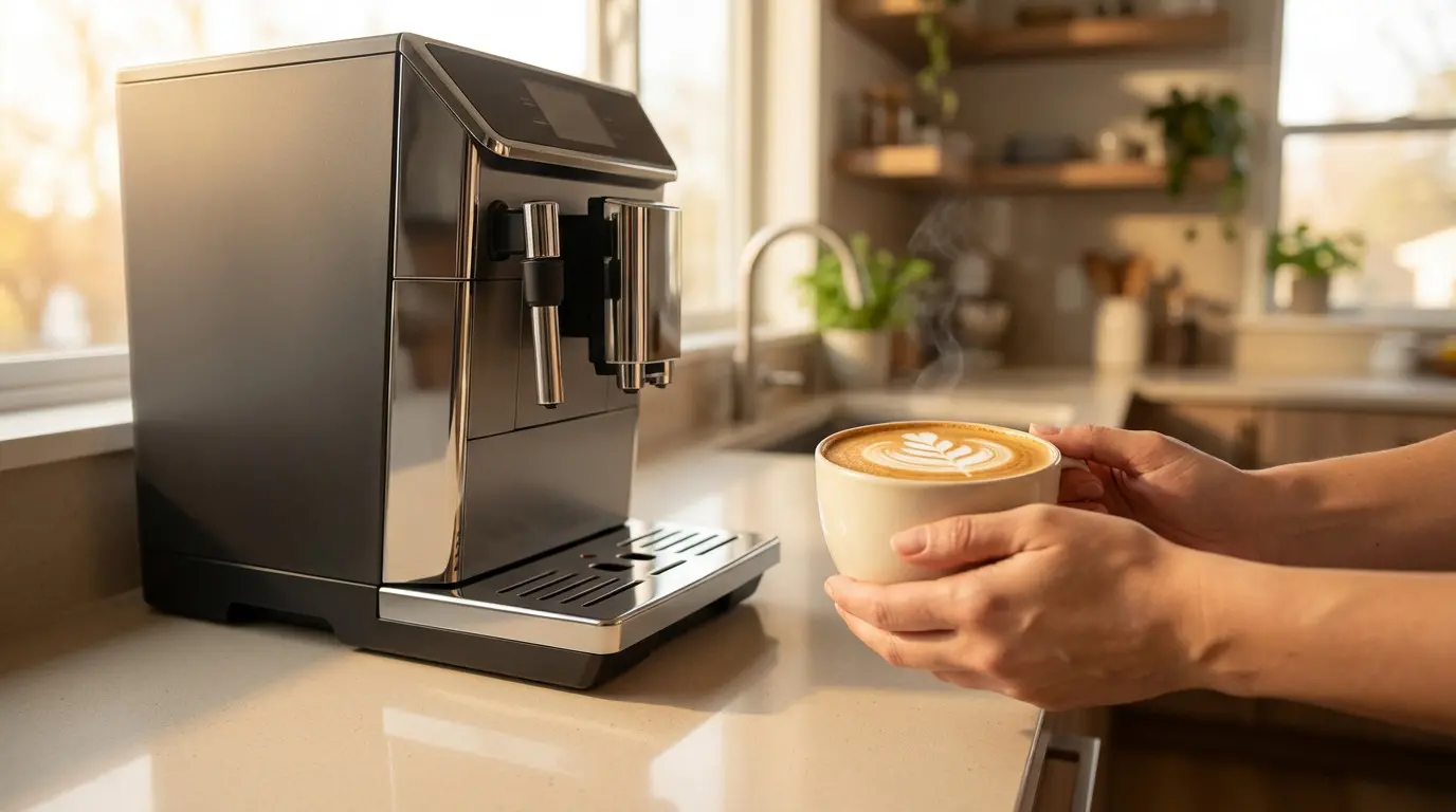 Machine à café moderne préparant un cappuccino mousseux