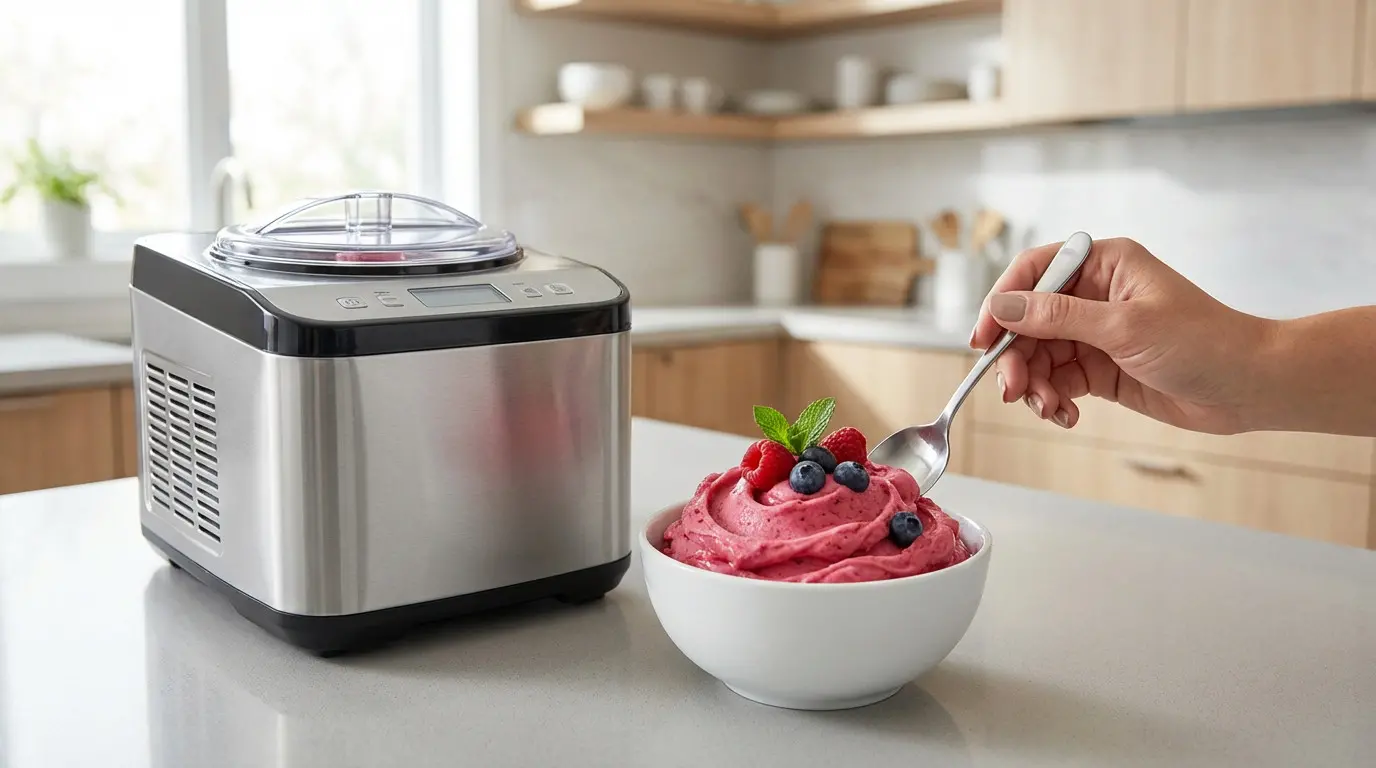 Sorbet maison avec sorbetière en cuisine moderne