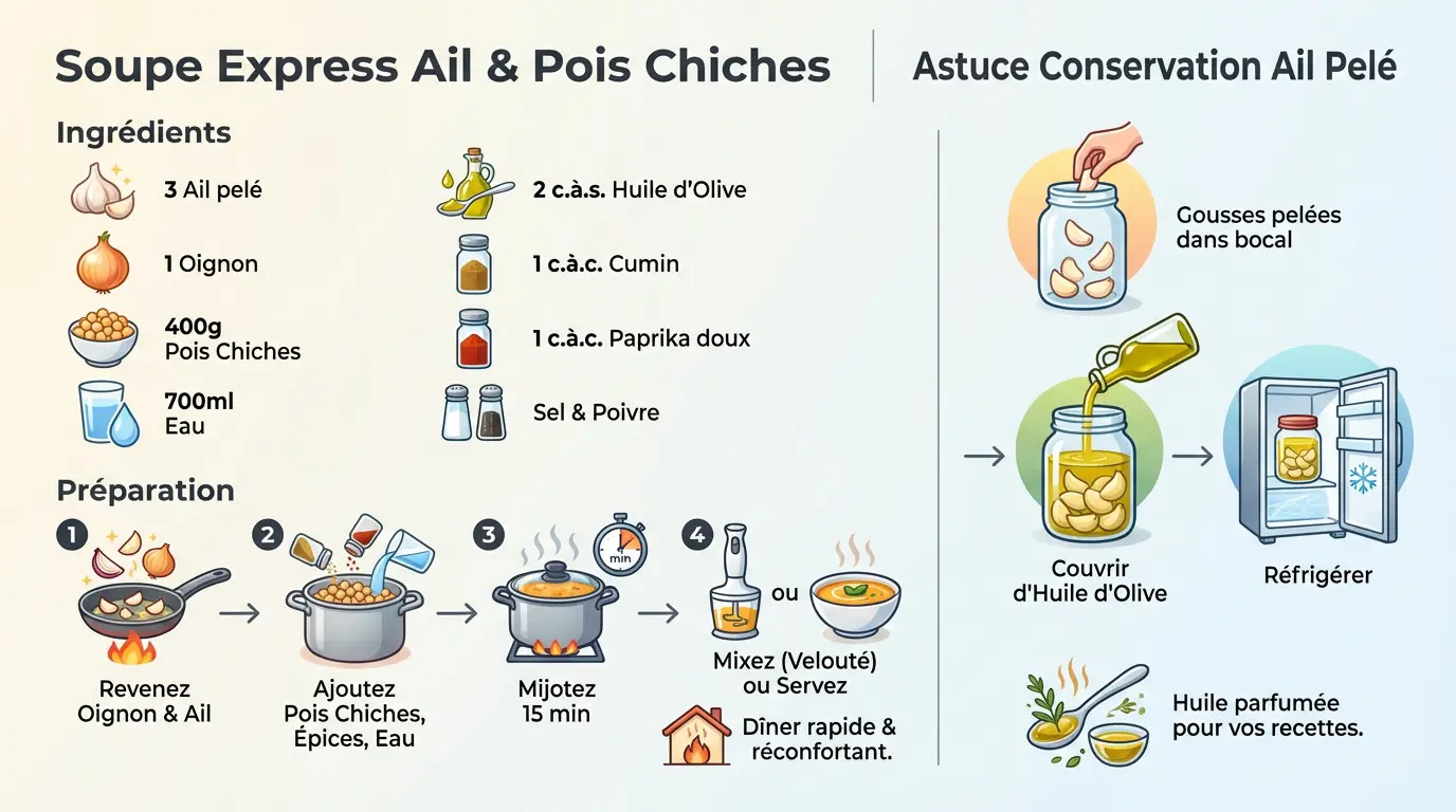 Bol de soupe pois chiches avec ail pelé et bocal de conservation