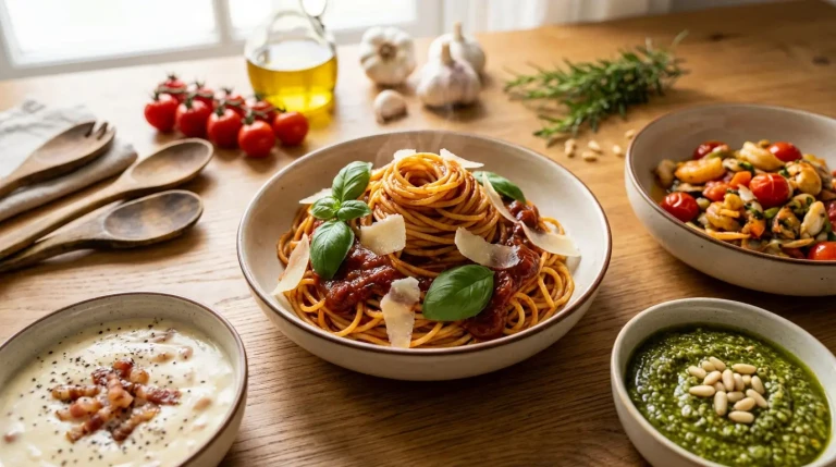Assiette de spaghettis sauce tomate et basilic frais