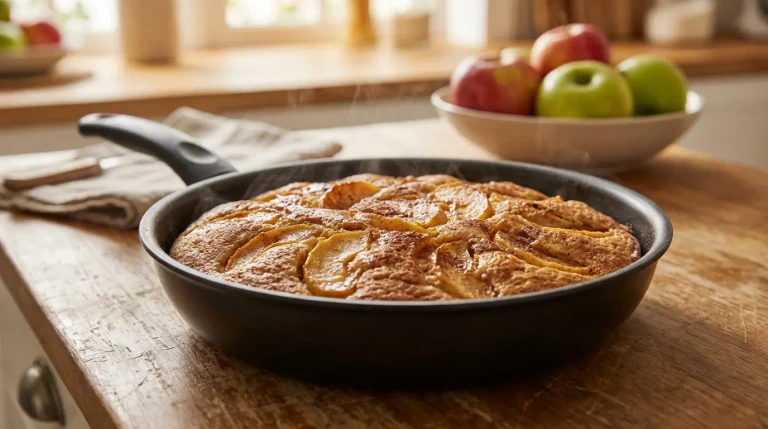 Gâteau aux pommes doré sortant du four