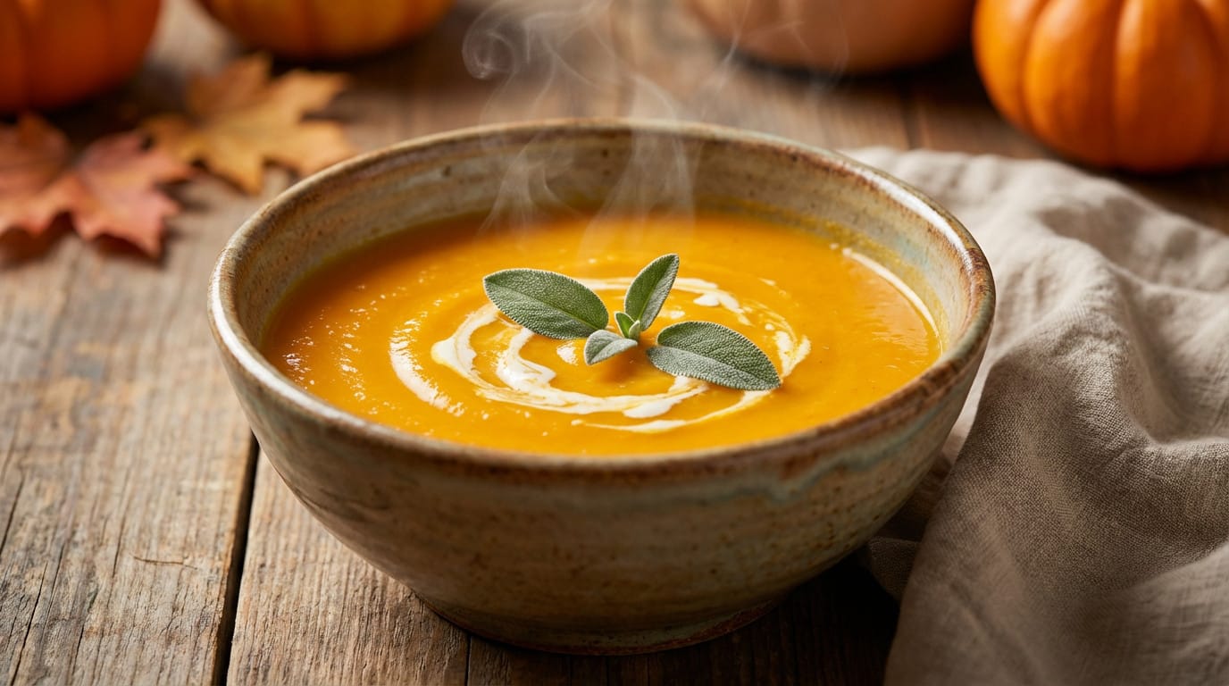 Soupe courge butternut crémeuse avec oignon et huile d'olive, plat sain et rapide