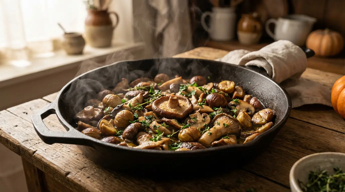 Poêlée de champignons et marrons fumante sur table rustique