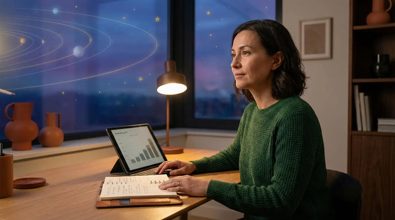 Femme travaillant à un bureau avec une tablette.