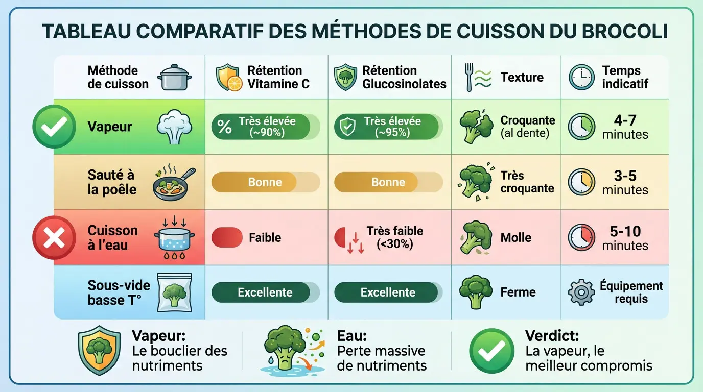 Tableau comparatif des bienfaits du brocoli selon la cuisson vapeur ou eau