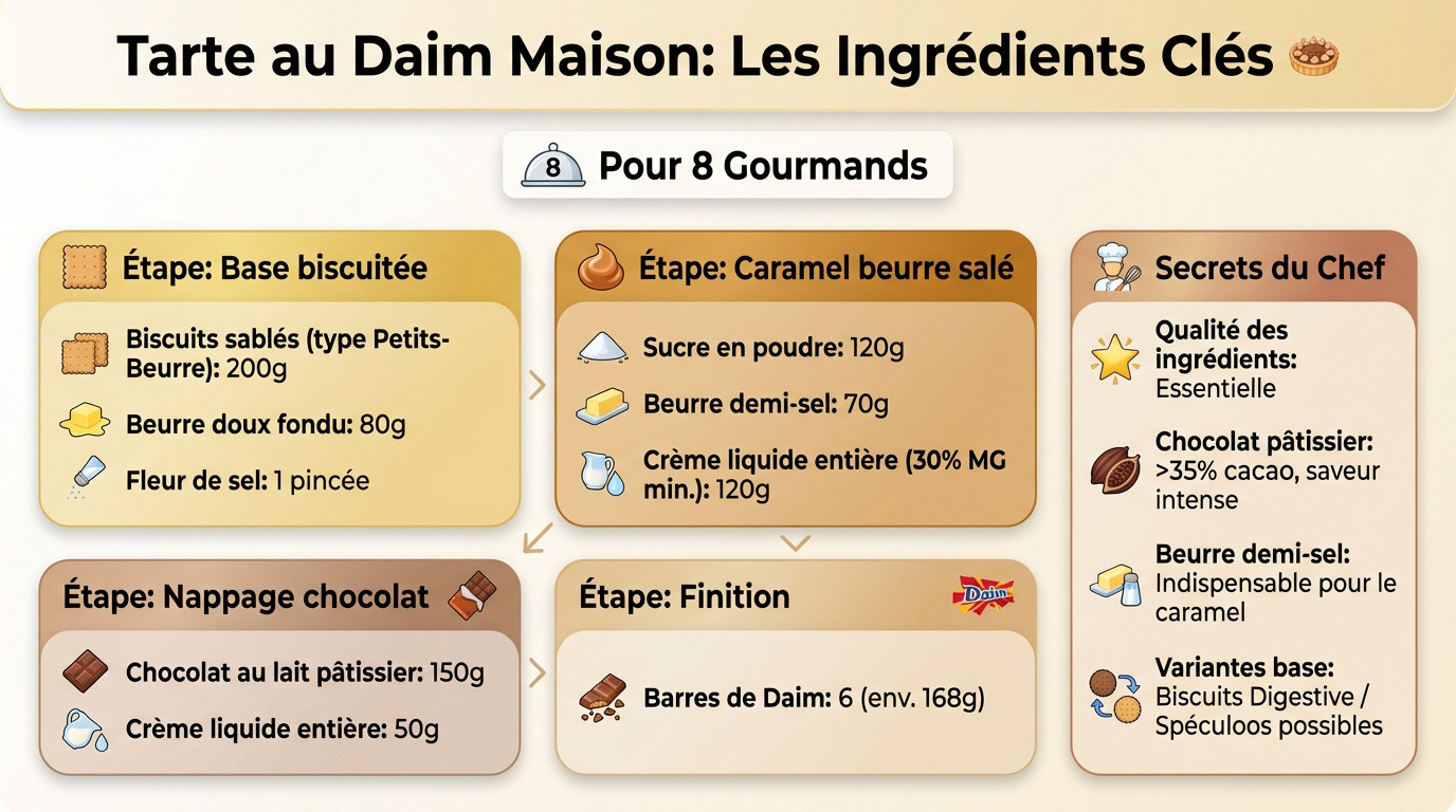 Ingrédients clés pour réussir une tarte au Daim maison : biscuits, chocolat et caramel