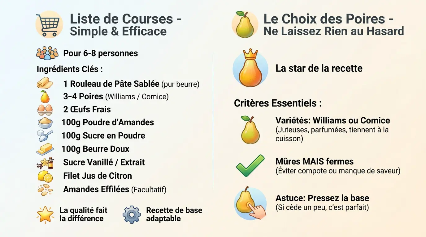 Ingrédients essentiels pour une tarte aux poires : poires Williams, beurre, œufs et poudre d'amande