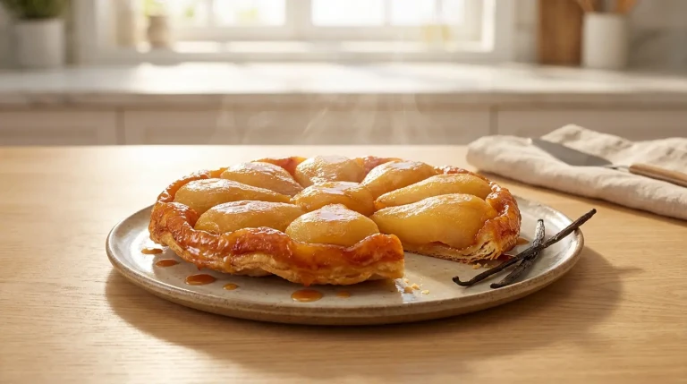 Tarte Tatin aux pommes caramélisées sur assiette.