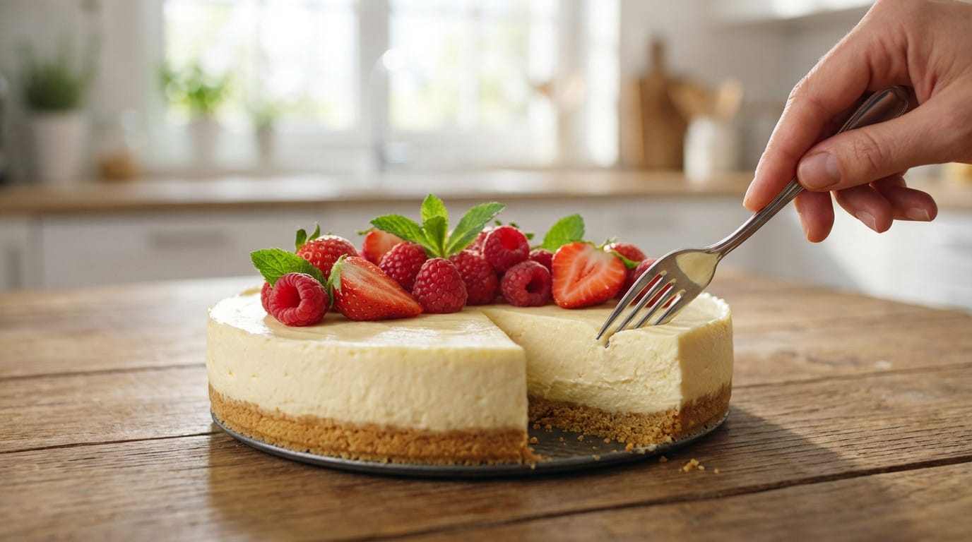 Cheesecake sans cuisson Etchebest avec une base croustillante et une mousse onctueuse, décoré de fruits frais.