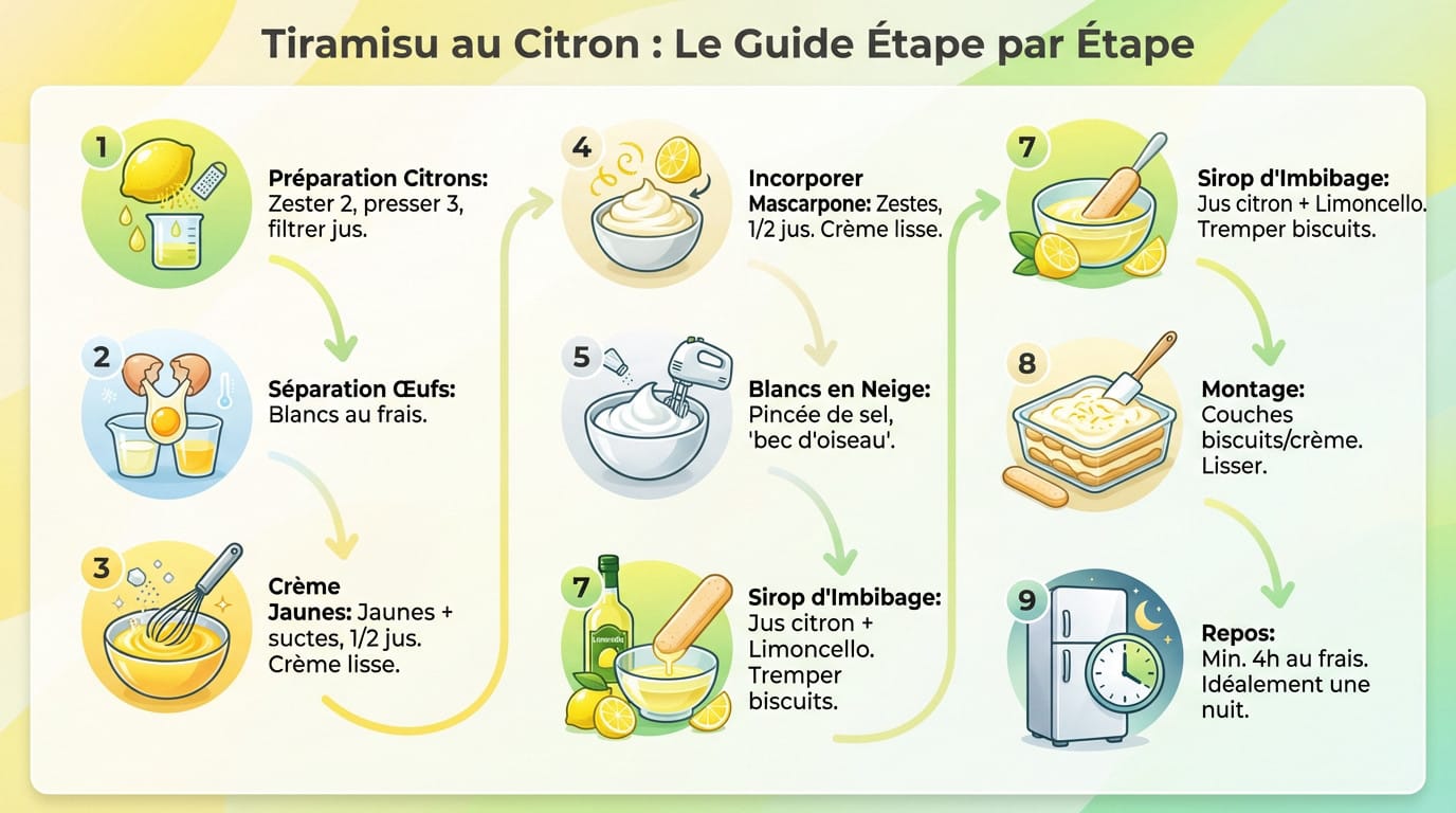 Préparation des ingrédients pour le tiramisu au citron : mascarpone, citrons jaunes et biscuits à la cuillère sur un plan de travail.