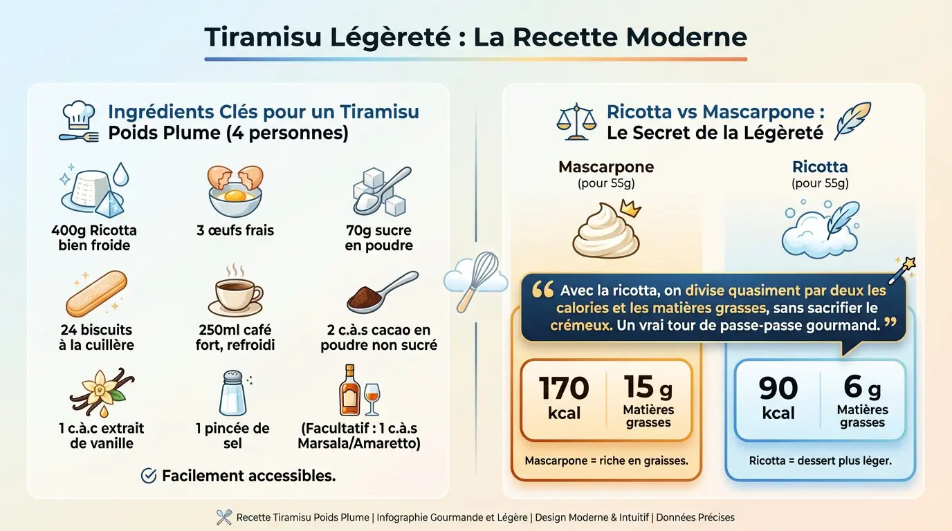 Verrine de <strong>tiramisu allégé ricotta</strong> avec saupoudrage de cacao »></p><h3 id=