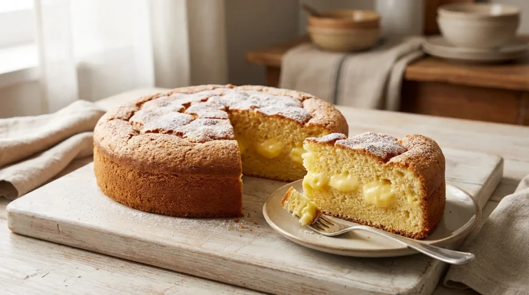 Gâteau moelleux à la crème pâtissière saupoudré de sucre
