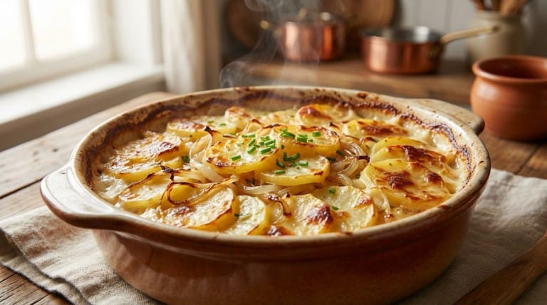 Recette traditionnelle de pommes boulangères avec pommes de terre, oignons et bouillon