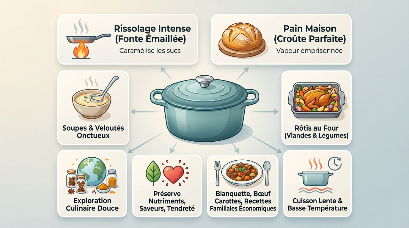 Cocotte en fonte émaillée idéale pour la cuisson du pain et les plats mijotés