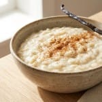 Riz au lait vanille crémeux dans un bol, garniture de gousse de vanille et crème