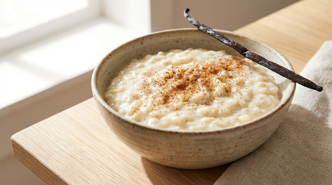 Riz au lait vanille crémeux dans un bol, garniture de gousse de vanille et crème