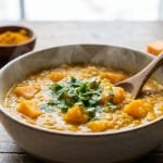 Dahl lentilles corail potimarron dans un bol, décoré d'herbes fraîches et d'épices, parfait pour un dîner d'automne.