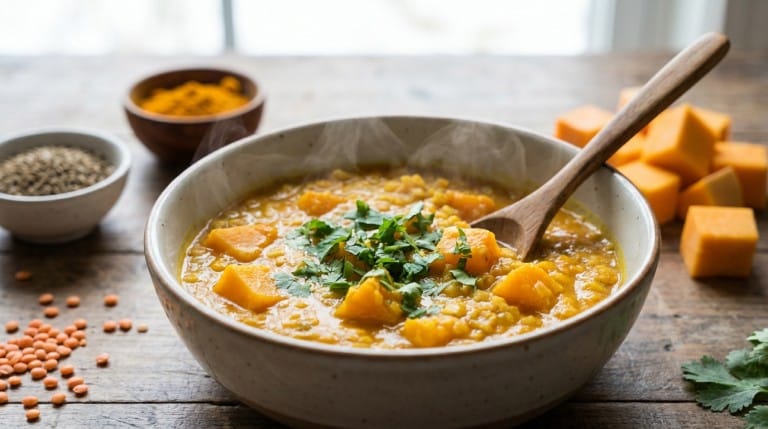 Dahl lentilles corail potimarron dans un bol, décoré d'herbes fraîches et d'épices, parfait pour un dîner d'automne.