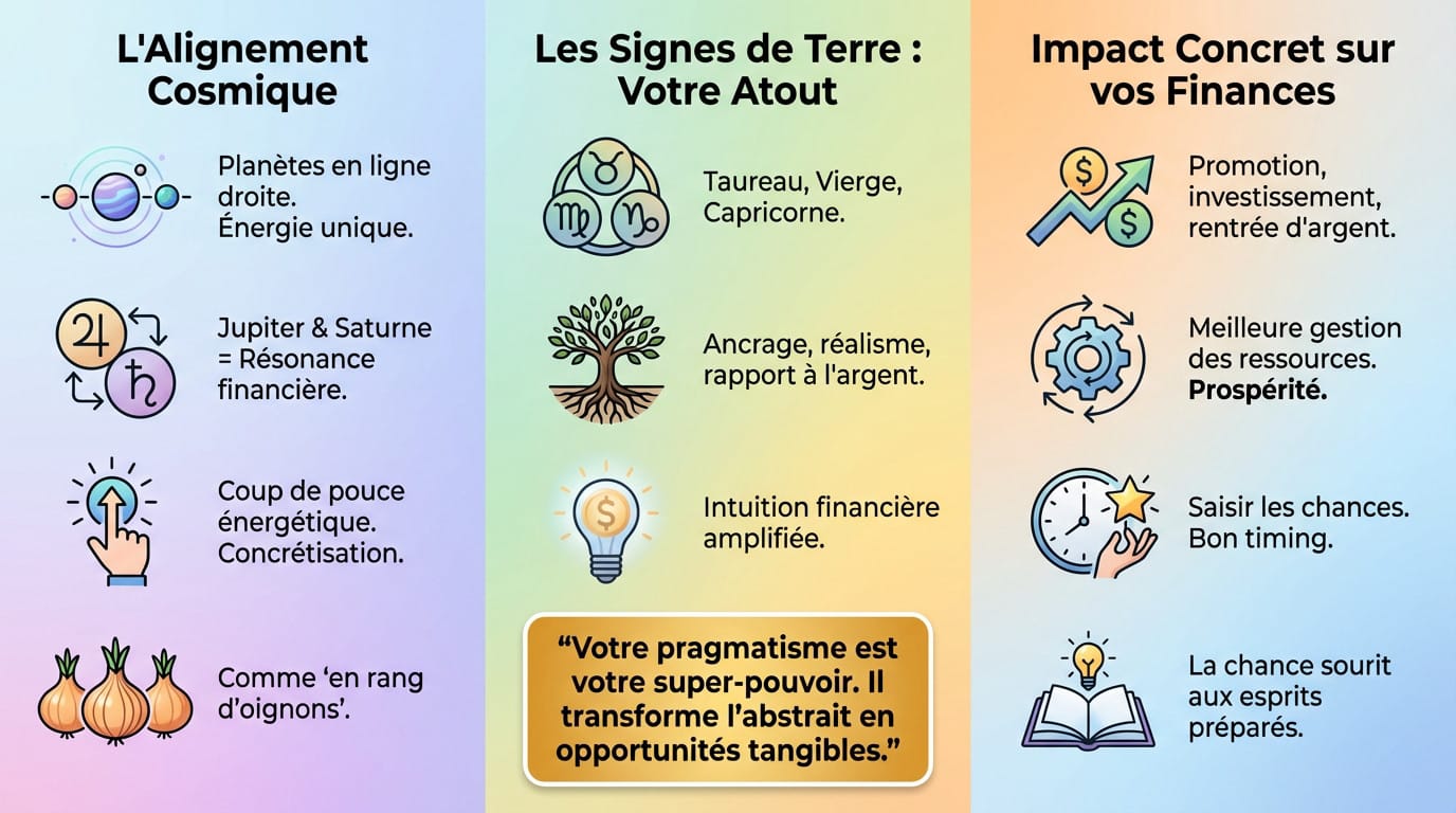 Illustration symbolique d'un alignement planétaire favorisant la prospérité financière des signes de terre