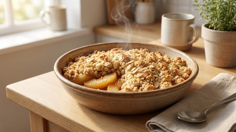 Crumble pommes sans beurre, dessert léger et croustillant, servi dans un plat à gratin