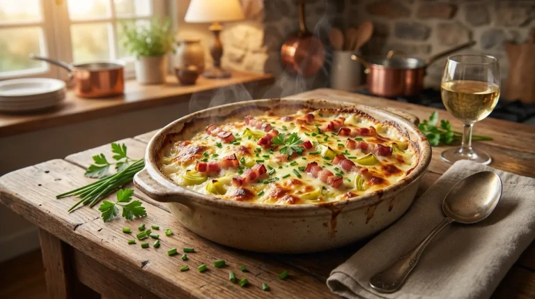 Gratin de poireaux et lardons sur table rustique