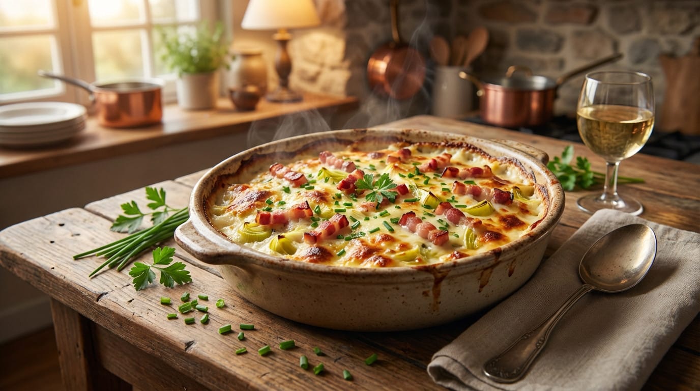 Gratin poireaux lardons rapide prêt en 30 minutes, plat crémeux et doré au four