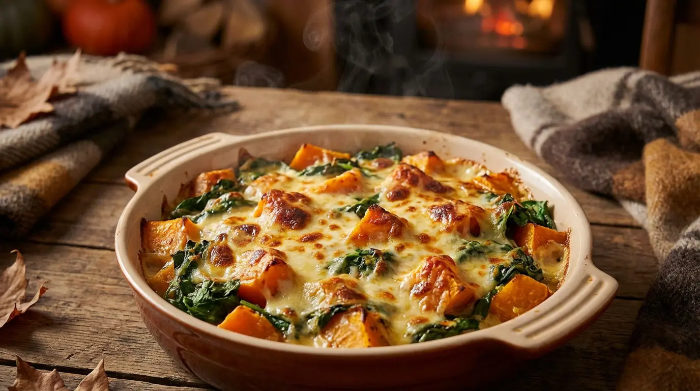 Gratin chaud de courge et épinards fondants