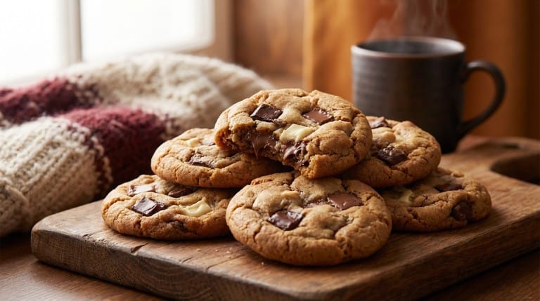 Recette de cookies trois chocolats avec éclats de chocolat noir, au lait et blanc, sur une plaque de cuisson