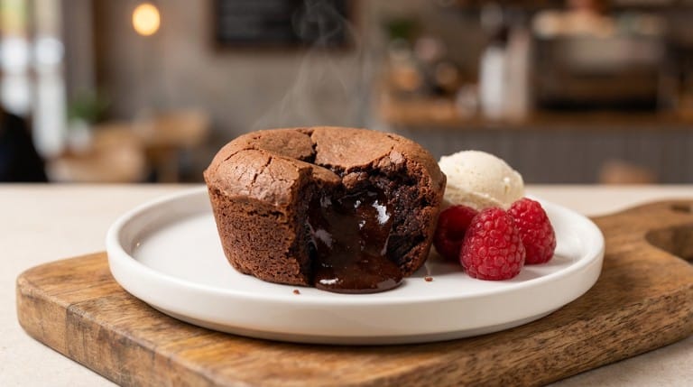 Fondant chocolat végétal avec croûte craquelée et cœur coulant, dessert végétalien