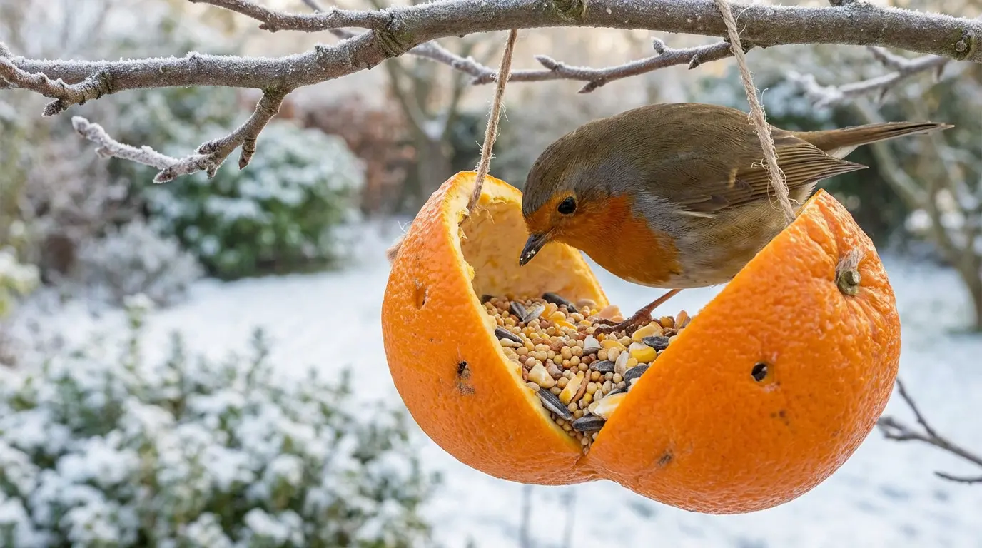 Oiseau mangeant des graines dans une orange suspendue