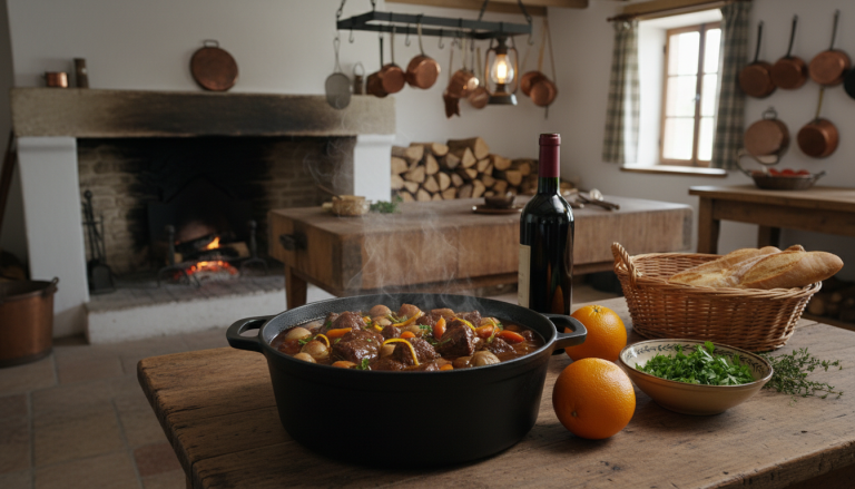 découvrez la recette du bœuf confit à l’orange et vin rouge, mijoté lentement en cocotte pour une viande tendre et savoureuse, parfaite pour un repas gourmand.