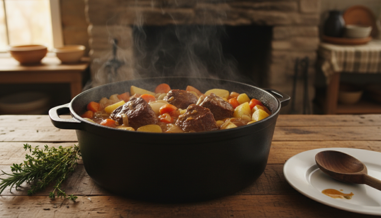 découvrez notre recette familiale de bœuf mijoté en cocotte aux légumes fondants, un plat généreux qui emplit la cuisine de parfums envoûtants pendant des heures, parfait pour régaler petits et grands.