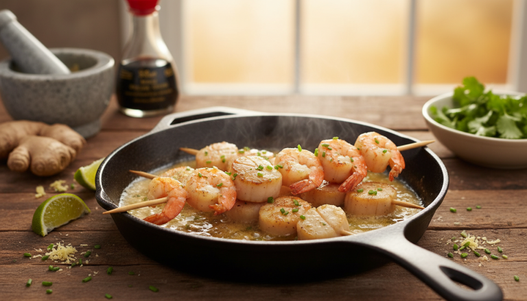 découvrez nos brochettes express de saint-jacques et crevettes au beurre chaud et gingembre, une recette savoureuse et rapide pour une explosion de saveurs et prolonger la fête avec gourmandise.