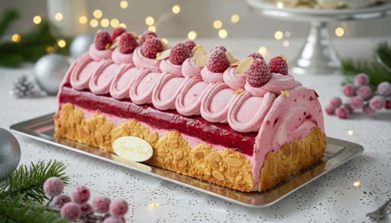 découvrez notre bûche glacée framboise, un équilibre parfait entre un biscuit aux amandes croustillant, une mousse fruitée délicate et un insert gélifié pour une découpe impeccable et un goût inoubliable.