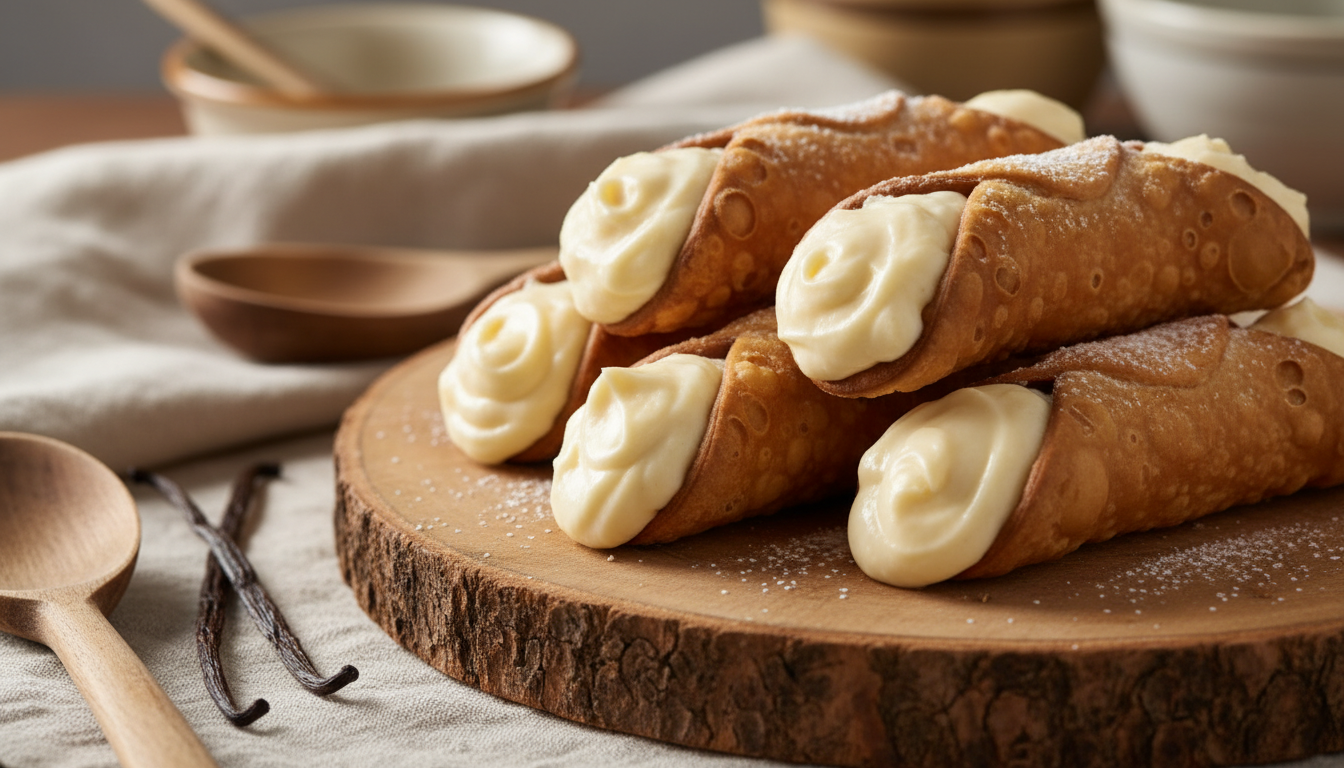 découvrez nos cannoli dorés au four garnis d'une crème pâtissière vanille onctueuse, une douceur maison élégante à savourer à tout moment.